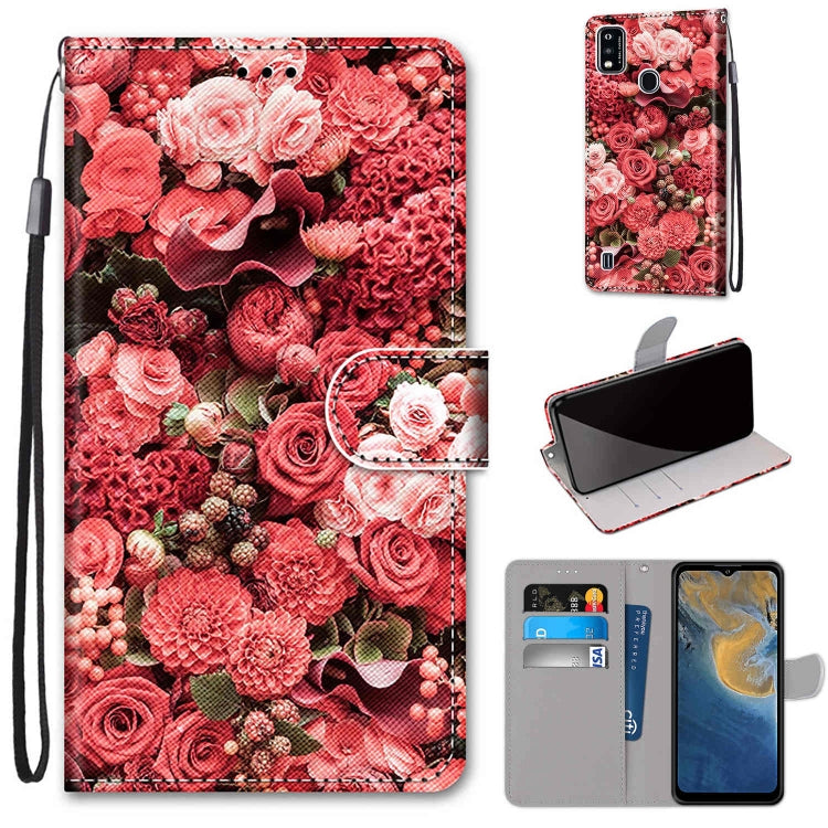 PU leather phone wallet case with red roses pattern, magnetic flip, card slots, strap