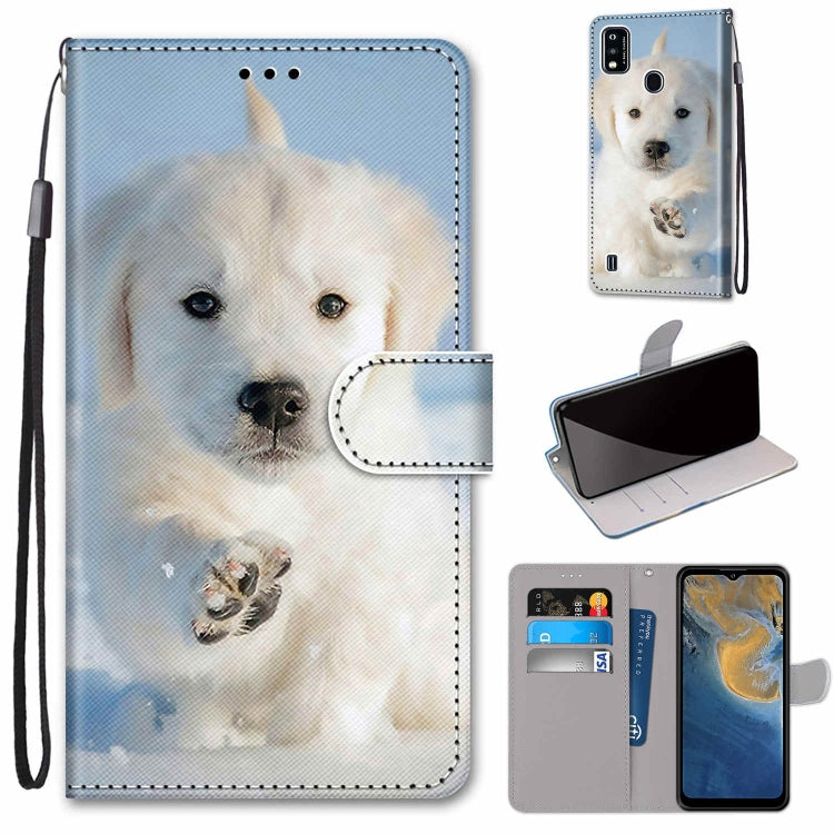 PU leather phone wallet case with white dog portrait, magnetic flip, card slots, strap