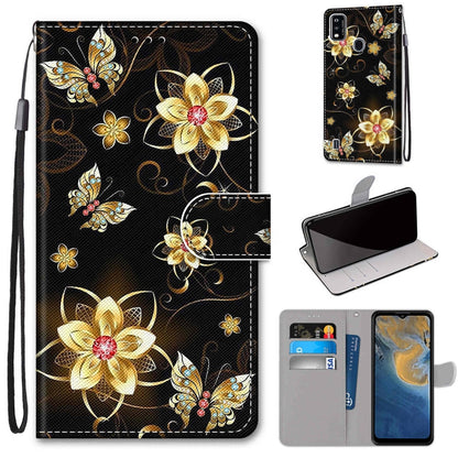 PU leather phone wallet case with gold butterfly and flower design, magnetic flip, card slots, strap