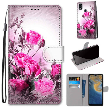PU leather flip phone case with card slots and lanyard, pink rose floral design