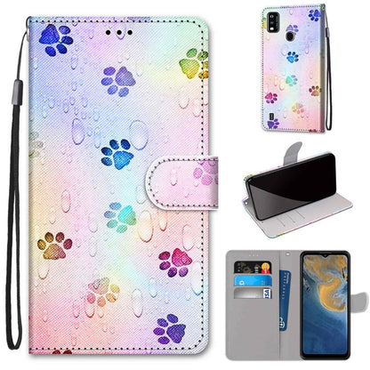 PU leather flip phone case with card slots and lanyard, rainbow paw print pattern