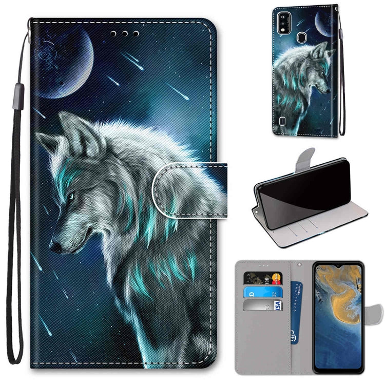 PU leather flip phone case with card slots and lanyard, blue wolf and starry night design
