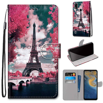 PU leather flip phone case with card slots and lanyard, pink Paris Eiffel Tower design