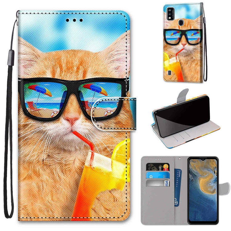 PU leather flip phone case with card slots and lanyard, orange cat with sunglasses artwork