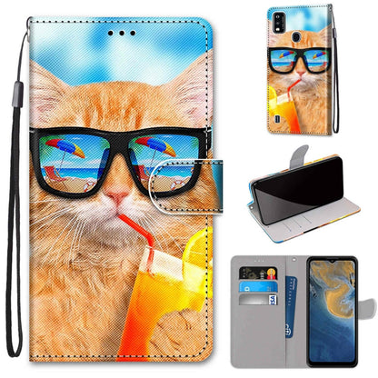 PU leather flip phone case with card slots and lanyard, orange cat with sunglasses artwork