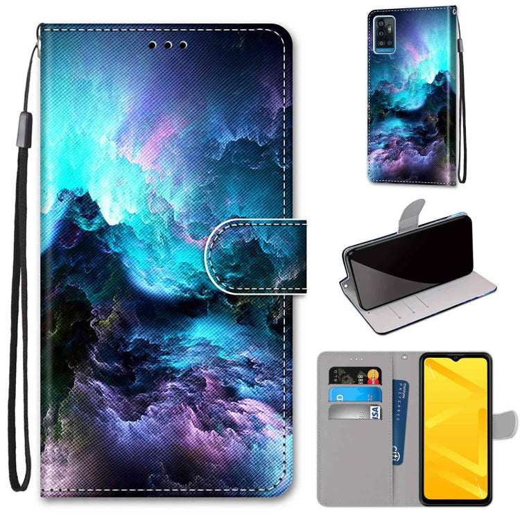 PU leather flip phone case with card slots and lanyard, blue cosmic galaxy landscape