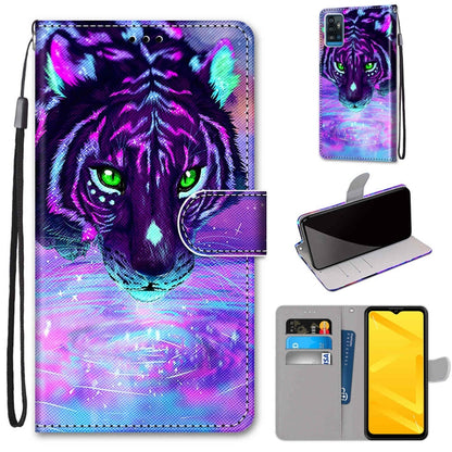 PU leather flip phone case with card slots and lanyard, purple neon cat face design