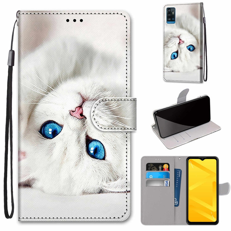 PU leather flip phone case with card slots and lanyard, white cat with blue eyes design