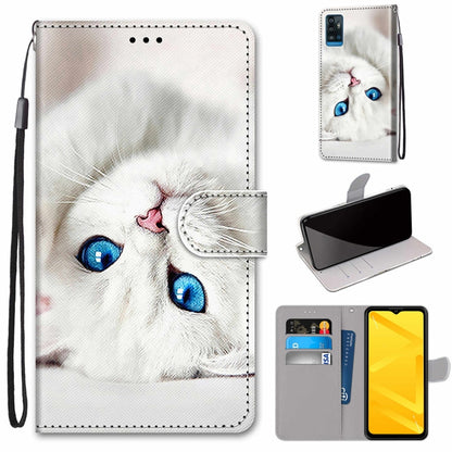 PU leather flip phone case with card slots and lanyard, white cat with blue eyes design