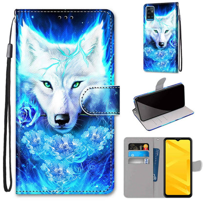 PU leather flip phone case with card slots and lanyard, blue wolf portrait artwork