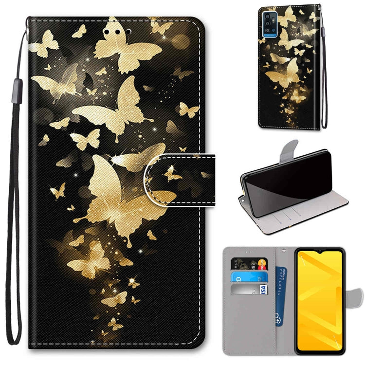 PU leather phone wallet case with wrist strap, flip cover, gold butterflies print