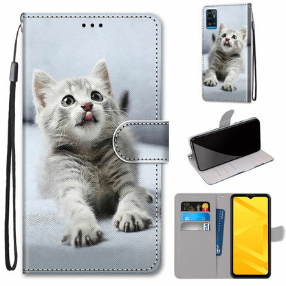 PU leather phone wallet case with wrist strap, flip cover, white kitten face print