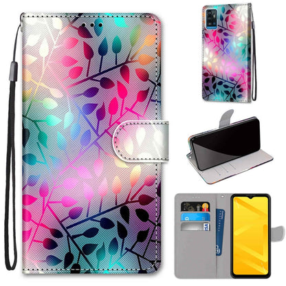 PU leather phone wallet case with wrist strap, flip cover, colorful leaf pattern