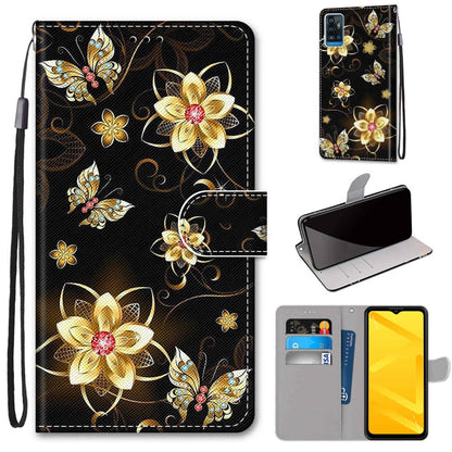 PU leather phone wallet case with wrist strap, flip cover, gold butterfly floral print