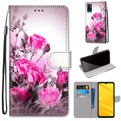 Flip PU leather phone wallet case with card slots, pink rose floral pattern