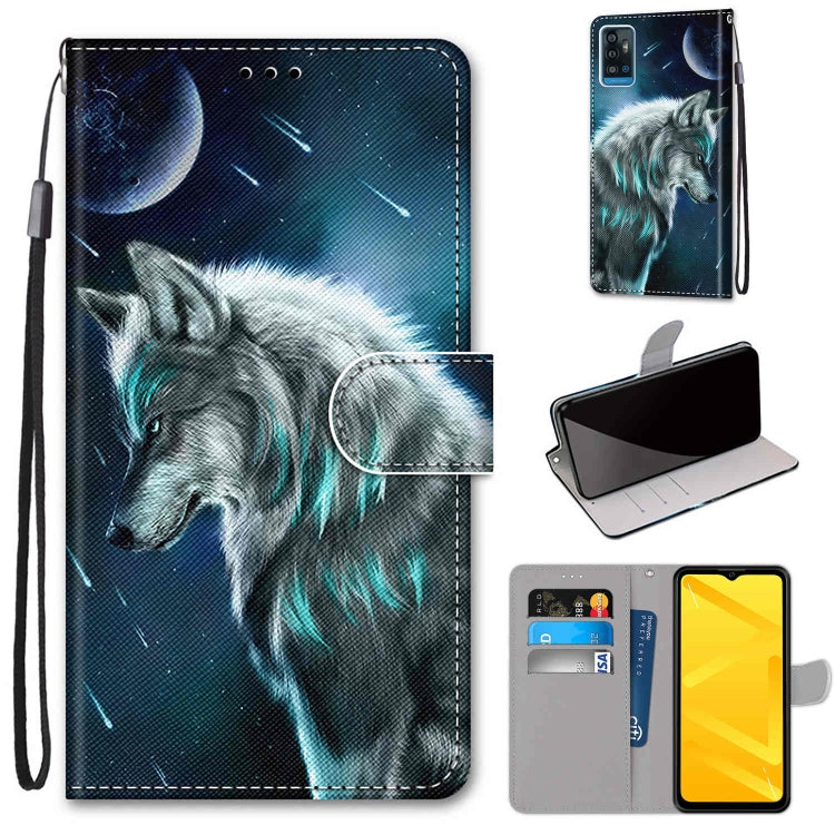 Flip PU leather phone wallet case with card slots, wolf under galaxy night print