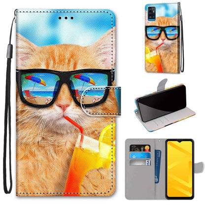 Flip PU leather phone wallet case with card slots, cat wearing sunglasses design