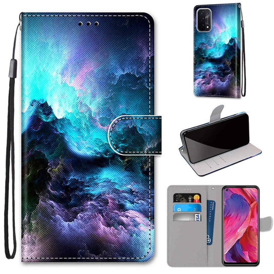 PU leather phone wallet case with flip cover and wrist strap, galaxy blue clouds print