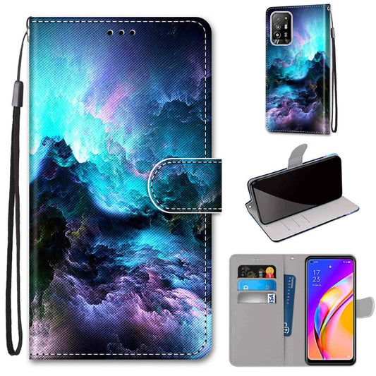 Printed PU leather phone wallet case with magnetic clasp, card slots, lanyard; blue galaxy clouds.