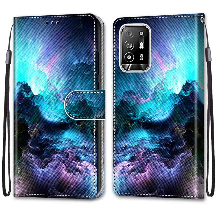 Printed PU leather phone wallet case with magnetic clasp, card slots, lanyard; blue-purple galaxy print.