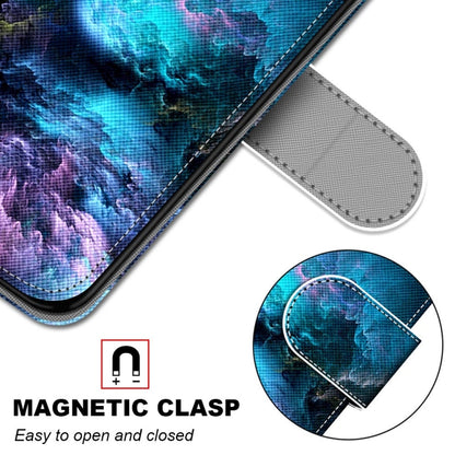 Printed PU leather phone wallet case with magnetic clasp; shows clasp close-up on galaxy blue fabric.