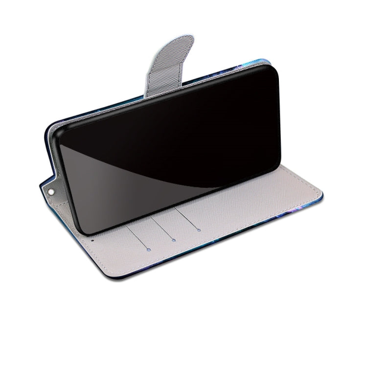 Printed PU leather phone wallet case with magnetic clasp and card slots; blue fabric with inner gray lining.
