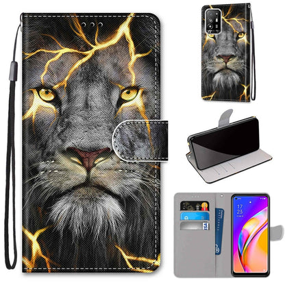 Printed PU leather phone wallet case with magnetic clasp, card slots, lanyard; golden lightning cat face.