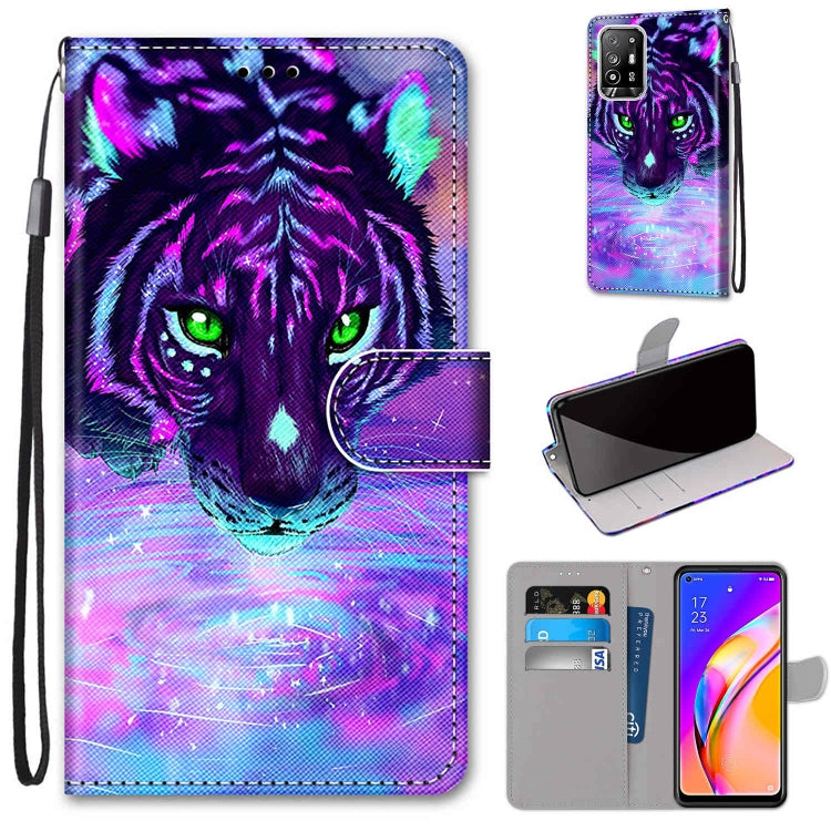 Printed PU leather phone wallet case with magnetic clasp, card slots, lanyard; purple-blue neon tiger cat.