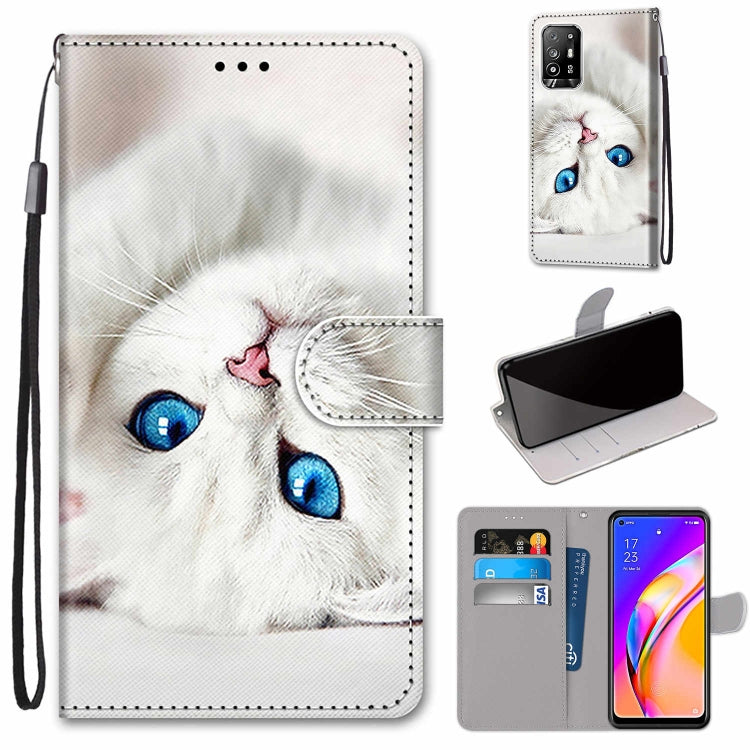 Printed PU leather phone wallet case with magnetic clasp, card slots, lanyard; white kitten with blue eyes.