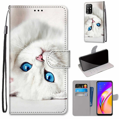Printed PU leather phone wallet case with magnetic clasp, card slots, lanyard; white kitten with blue eyes.
