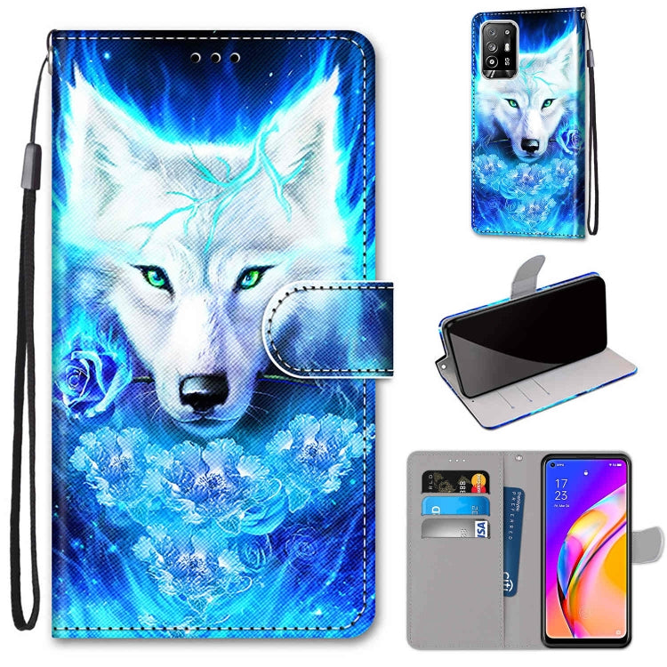 Printed PU leather phone wallet case with magnetic clasp, card slots, lanyard; blue wolf portrait print.