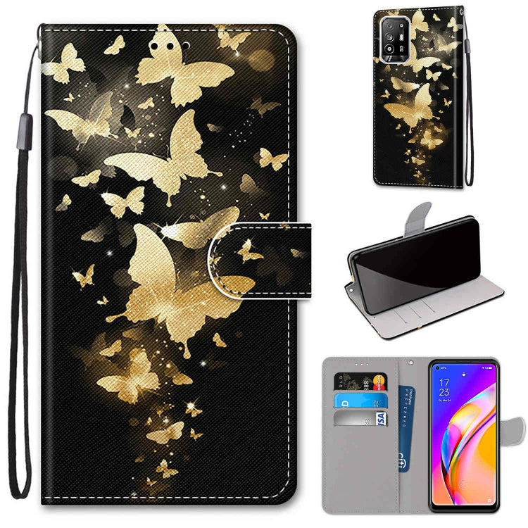 Flip PU leather wallet phone case with lanyard, card slots, and gold butterfly pattern.