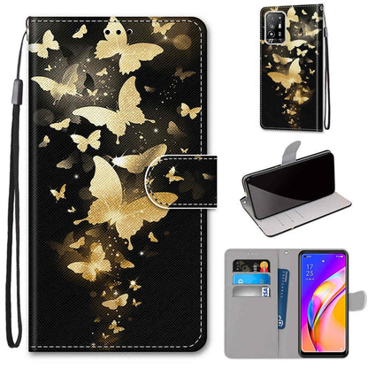 Flip PU leather wallet phone case with lanyard, card slots, and gold butterfly pattern.