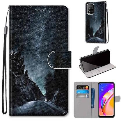 Flip PU leather wallet phone case with lanyard, card slots, and night forest landscape.