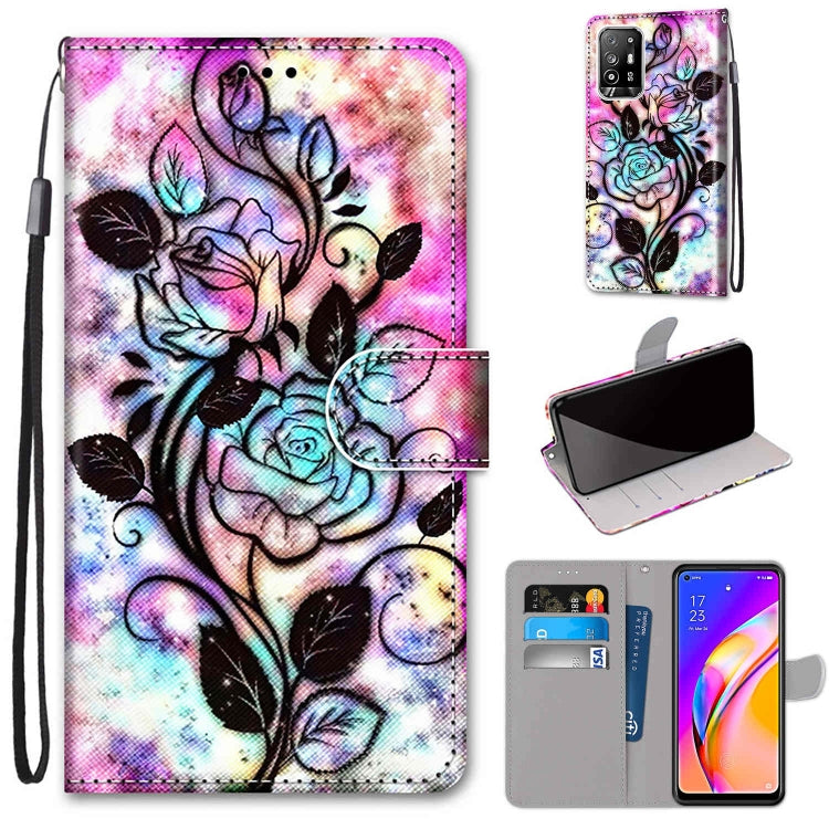 Flip PU leather wallet phone case with lanyard, card slots, and colorful floral illustration.