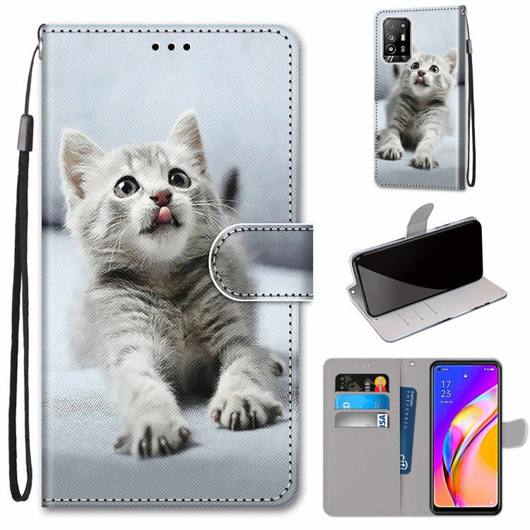 Flip PU leather wallet phone case with lanyard, card slots, and gray kitten portrait.