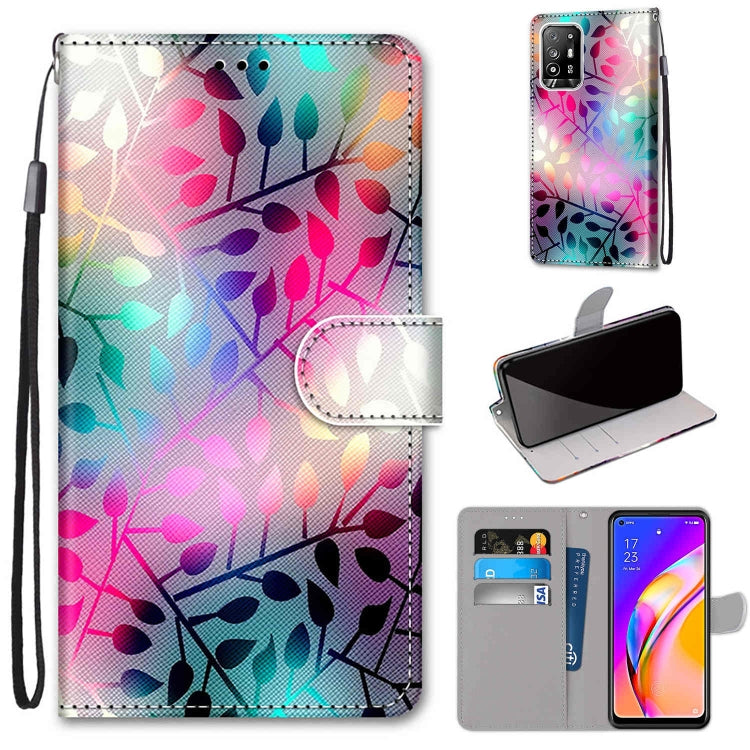 Flip PU leather wallet phone case with lanyard, card slots, and colorful leaf splash pattern.