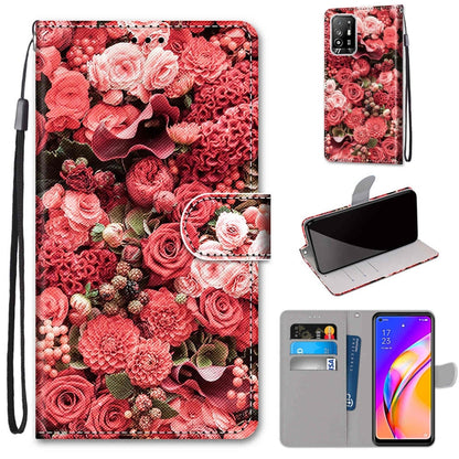 Flip PU leather wallet phone case with lanyard, card slots, and red roses collage print.