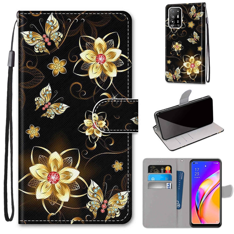 Flip PU leather wallet phone case with lanyard, card slots, and gold floral butterfly design.