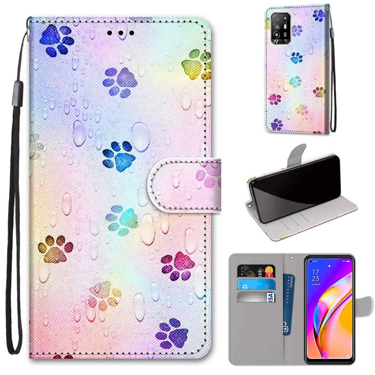 Colorful paw print PU leather phone wallet case with flip cover, card slots, and strap