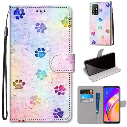 Colorful paw print PU leather phone wallet case with flip cover, card slots, and strap