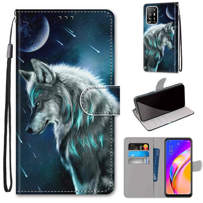 Blue wolf moonlit PU leather phone wallet case with flip cover, card slots, and strap