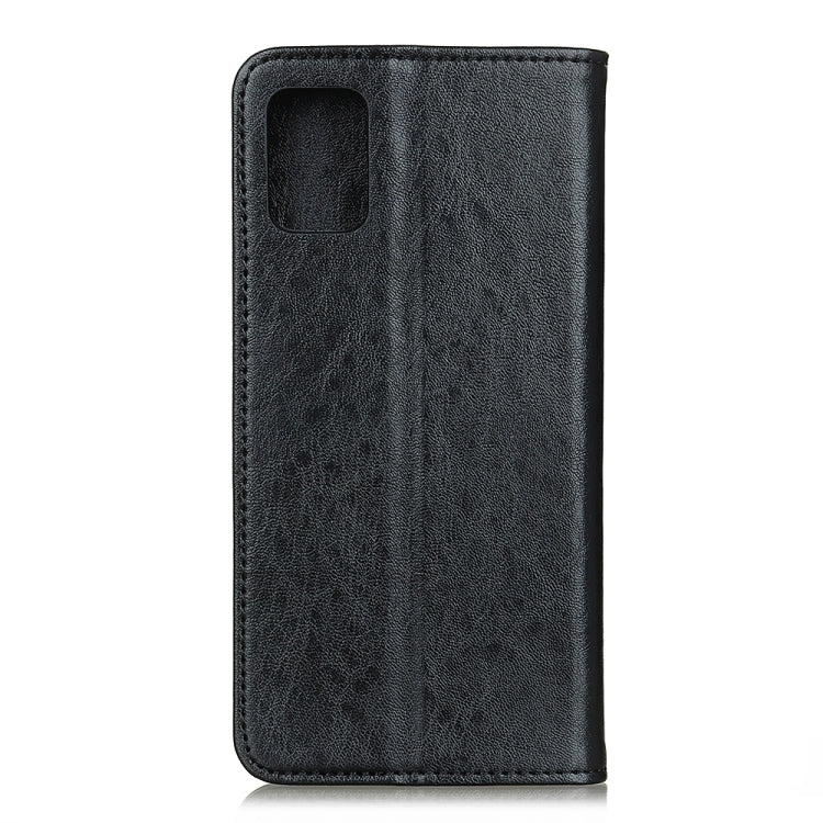 Black magnetic flip leather phone case with camera cutout, textured cover