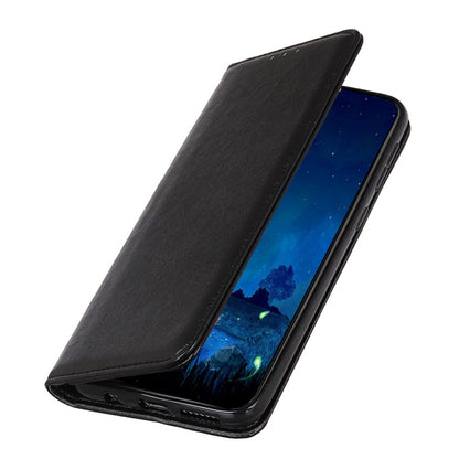 Black magnetic flip leather phone case with flip stand, textured cover
