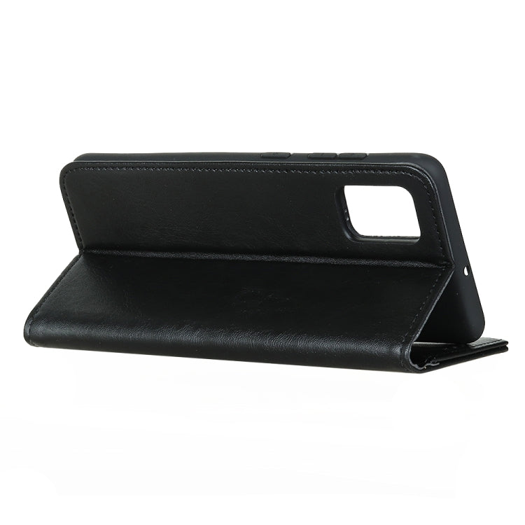 Black magnetic flip leather phone case with large inner pocket, side view