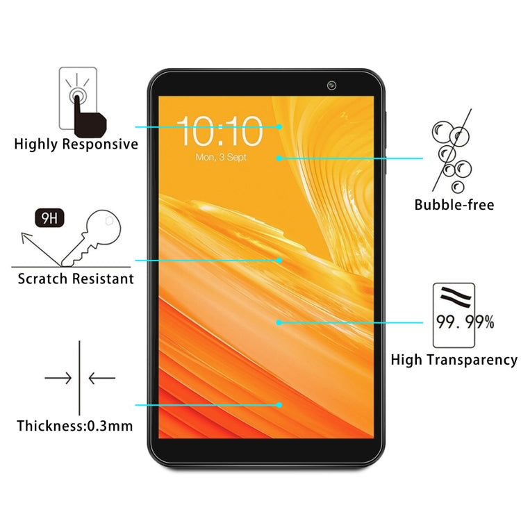 Tempered glass tablet screen protector with rounded edges; bubble-free and high transparency.