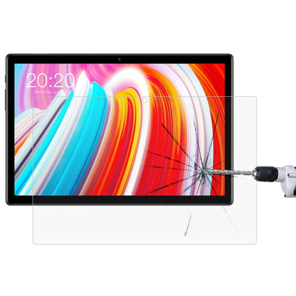 Tablet with clear tempered glass screen protector during impact; cracked protector layer.