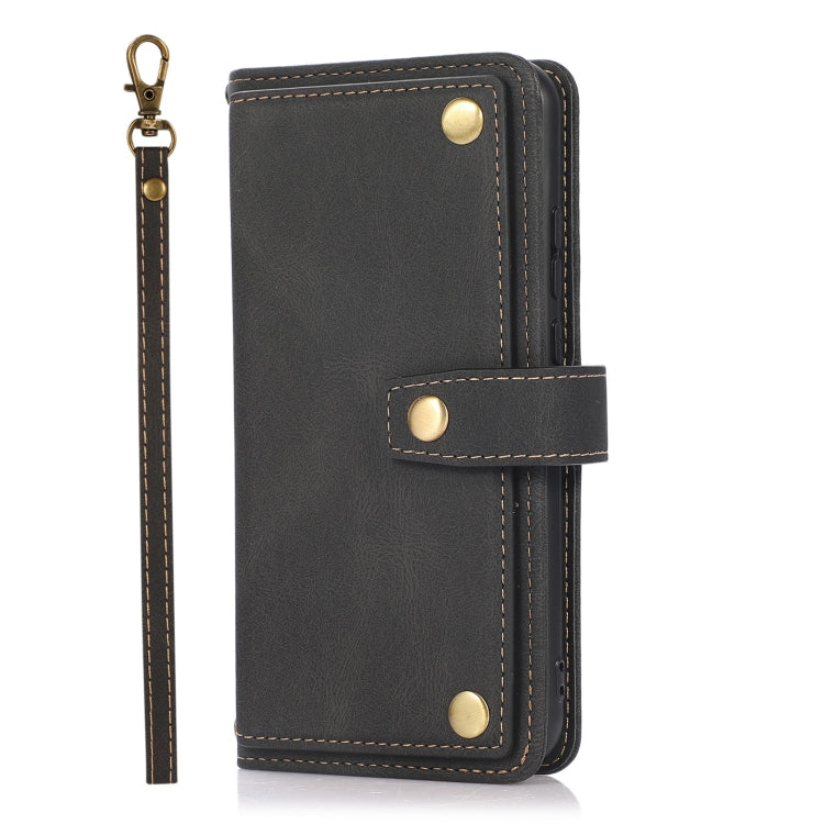 Black flip phone wallet case with lanyard strap and snap button closure