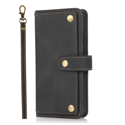 Black flip phone wallet case with lanyard strap and snap button closure