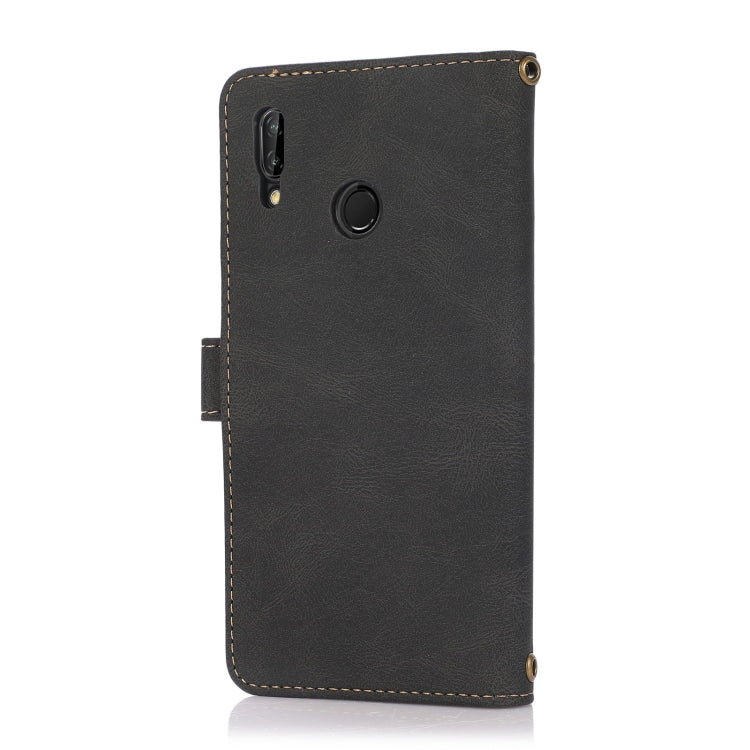 Black flip phone case with camera cutout, circular grip, and lanyard loop